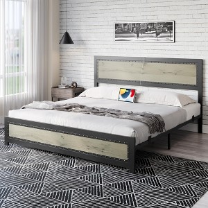 Modern Industrial Platform Bed Frame with Headboard & Charging Station – Wood and Metal, Rivet Design, No Box Spring Needed, Easy Assembly - 1 of 4