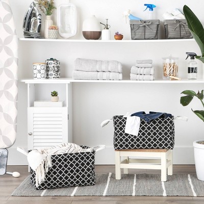 Black and White Cotton-Poly Collapsible Laundry Bins, Set of 2