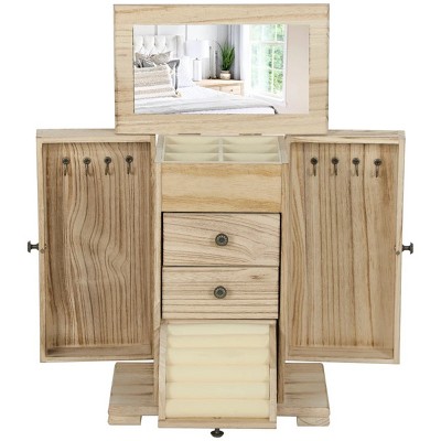 4-Tier Wooden Jewelry Box With Built-In Mirror And Side Necklace Hooks For Elegant Organization