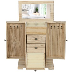 4-Tier Wooden Jewelry Box With Built-In Mirror And Side Necklace Hooks For Elegant Organization - 1 of 4