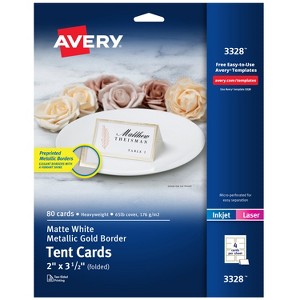 Avery Printable Tent Cards, 2" x 3.5", White with Metallic Gold Borders 80 Blank Place Cards for Laser or Inkjet Printers (3328) - 1 of 4