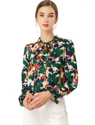 Allegra K Women's Floral Tie V Neck Chiffon Ruffle Trumpet Sleeve Blouse