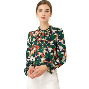 Allegra K Women's Floral Tie V Neck Chiffon Ruffle Trumpet Sleeve Blouse - 1 of 4