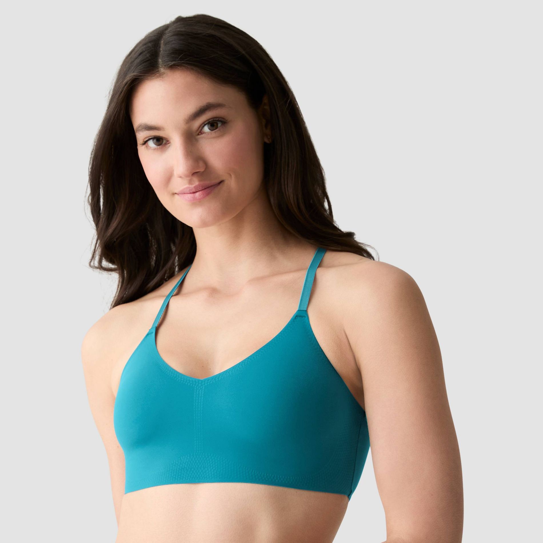 True & Co. Women's Everybody Lace Racerback Bralette - Blue M: Nylon Elastane Blend, V Neck, Adjustable Straps, Light Support
