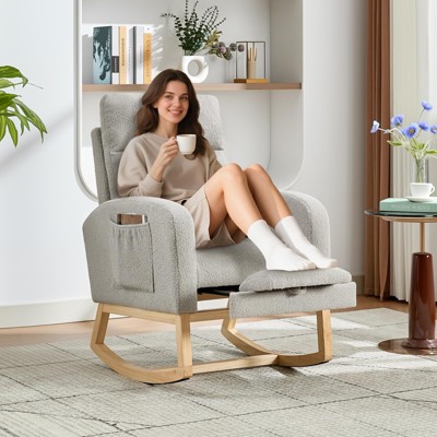 Nursery Rocking Chair with Adjustable Footrest, Glider Chair with Two Side Pockets,Teddy Fabric, Comfy Lounge Armchair with High Backrest