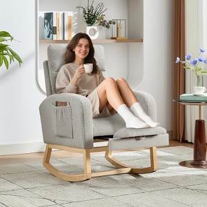 Nursery Rocking Chair with Adjustable Footrest, Glider Chair with Two Side Pockets,Teddy Fabric, Comfy Lounge Armchair with High Backrest - 1 of 4