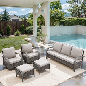 POCASSY 5PCS Outdoor Patio Furniture Set All-Weather Wicker Couch with Patio Swivel Rocking Outdoor Chairs and Ottomans, Patio Sofa Set for Backyard - 1 of 4