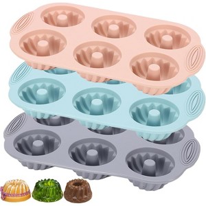 JDICTION 3-Pack Silicone Baking Mold, 6-Cavity Fluted Tube Pan for Mini Bundt Cakes, Non-Stick Heritage Bundtlette Set (Pink, Blue, Gray) - 1 of 4