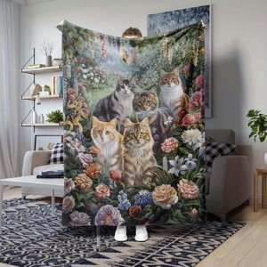 Cozy Flannel Car Nap Blanket with Cute Cat and Floral Design, Perfect for All Seasons, Christmas Gift. - 1 of 4