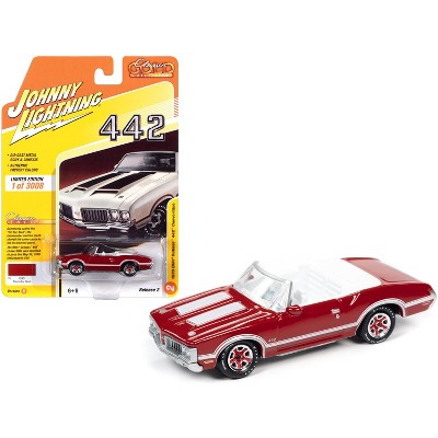 1970 Oldsmobile Cutlass 442 Convertible Matador Red with White Stripes and White Interior Ltd Ed 3008 pcs 1/64 Diecast Model Car by Johnny Lightning
