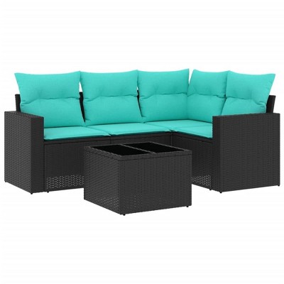 vidaXL 5 Piece Patio Sofa Set with Cushions - Black and Blue With Table
