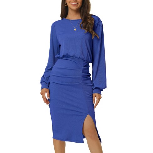 Women's Ruched Wrap Dress Long Sleeve V Neck Split Hem Draped Front Midi  Bodycon Dresses Knit Slit Party Dress - Small 