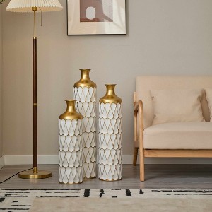 Angel Sar 3-Piece White & Gold Floor Vase Set, Modern Metal Cylinder Vases with Teardrop Finish, 32.5" 28.5" 24.6" H Home Decor - 1 of 4