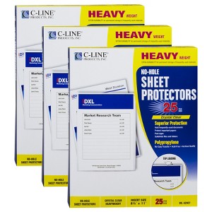 C-Line® No-Hole Heavyweight Poly Sheet Protectors, Clear, Top Loading, 11" x 8-1/2", 25 Per Box, 3 Boxes - 1 of 4