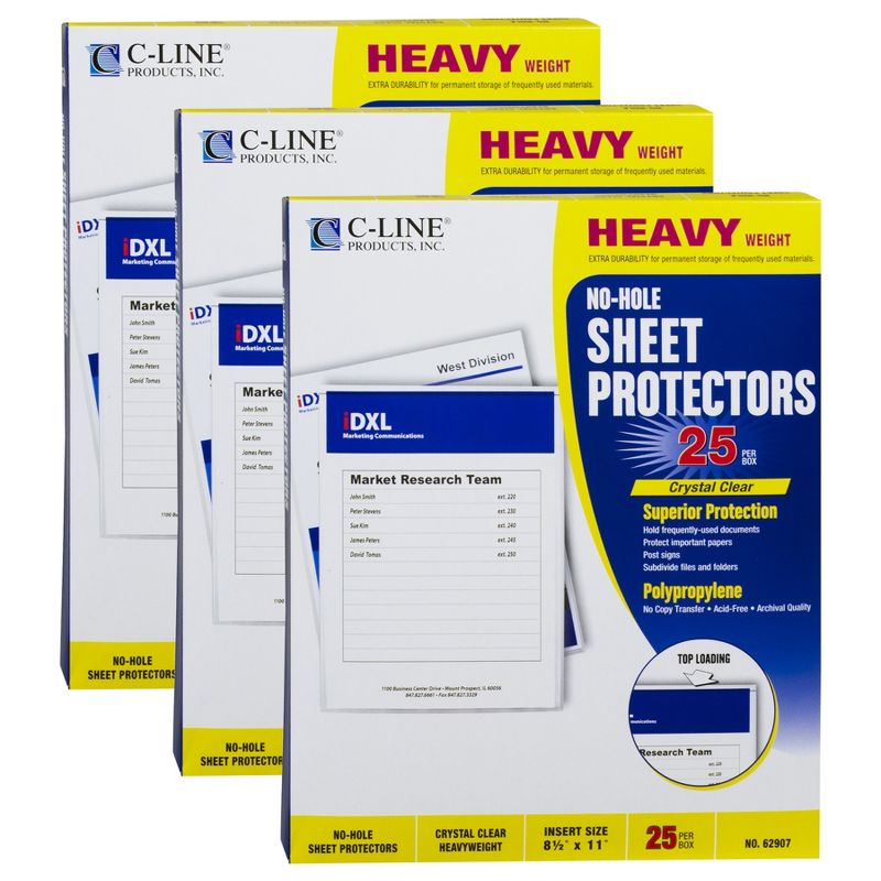C-Line® No-Hole Heavyweight Poly Sheet Protectors, Clear, Top Loading, 11" x 8-1/2", 25 Per Box, 3 Boxes, 1 of 5