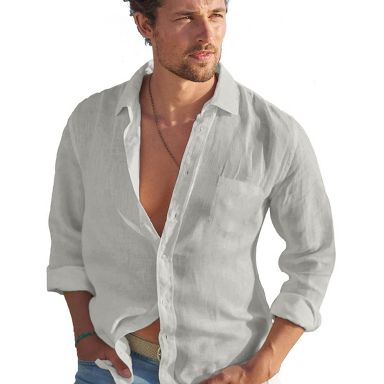 Mens Button Down Linen Shirts Casual Long Sleeve Dress Shirts Regular Fit Cotton Beach Yoga Shirts with Pocket Light Gray M