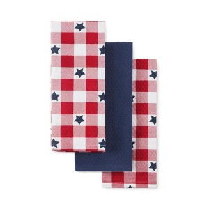MARTHA STEWART Americana Star Gingham Holiday Kitchen Towels 3-Pack Set, 100% Cotton, Absorbent, Patriotic USA America Decor, Red/White/Blue, 16"x28" - 1 of 4