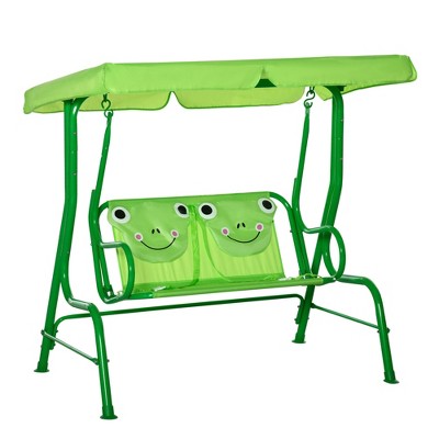 Outsunny 2-Seat Kids Canopy Swing, Children Outdoor Patio Lounge Chair, for Garden Porch, with Adjustable Awning, Seat Belt, Monkey Pattern, for 3-6 years old, Coffee