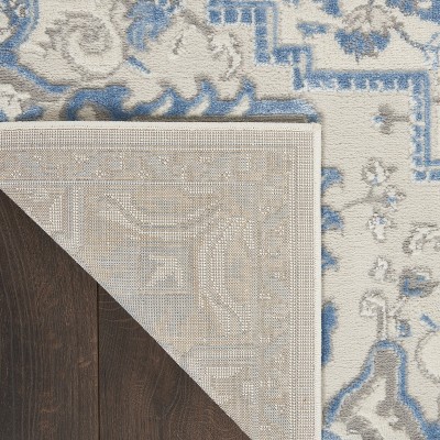 Ivory Blue Floral Medallion Handmade Area Rug 27"x4.7"