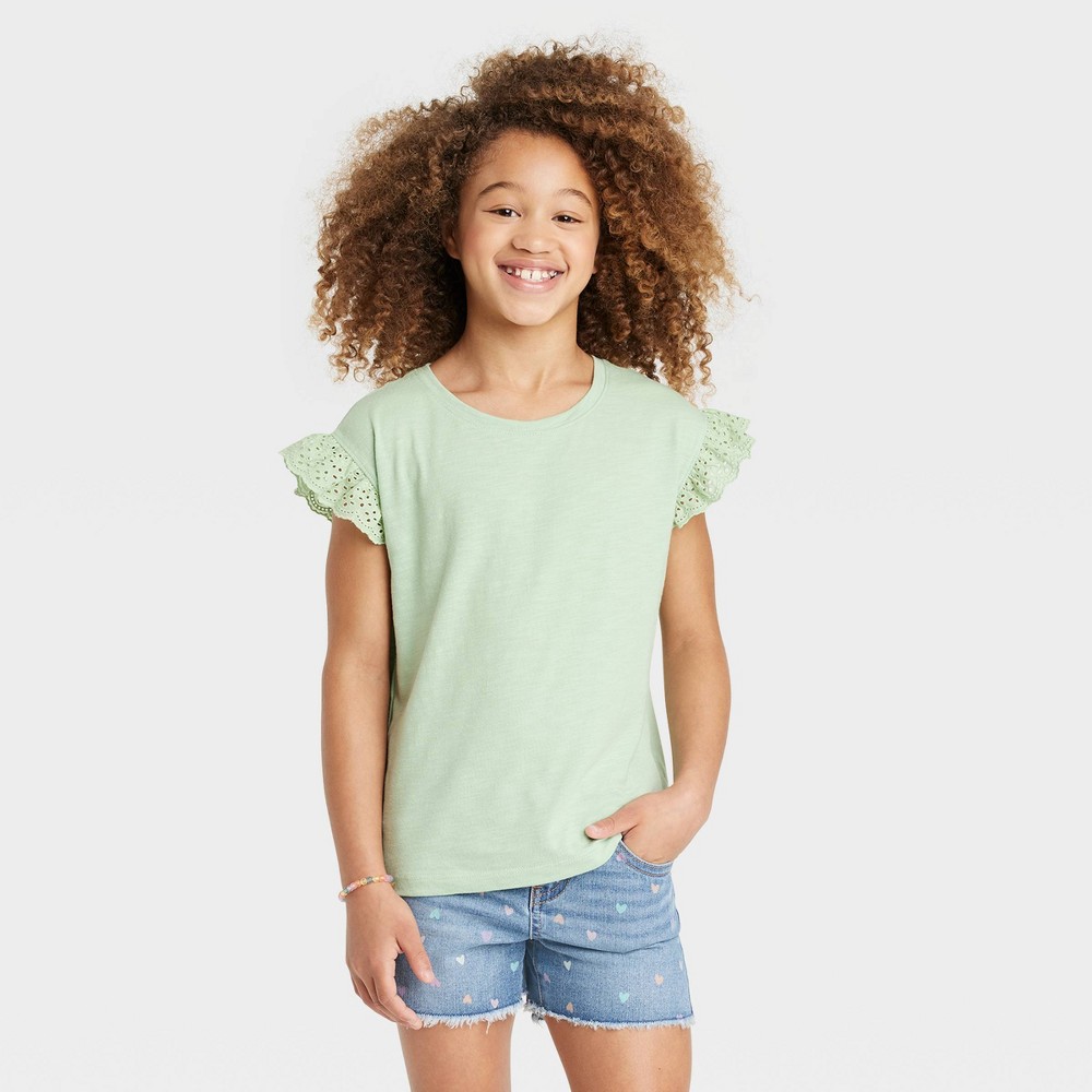 Girls' Short Sleeve Eyelet T-Shirt - Cat & Jack Sage Green S