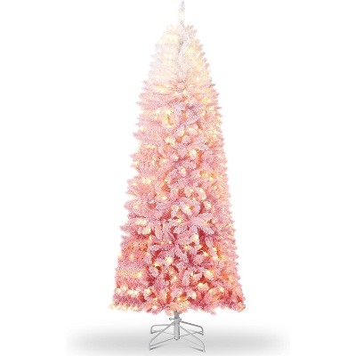 4.5Ft Prelit Pencil Christmas Tree, Pink Gradient Snow Flocked with 100 Dual Color Lights, 320 Branch Tips, Metal Stand