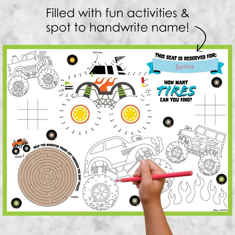 Big Dot of Happiness Smash and Crash - Monster Truck - Paper Boy Birthday Party Coloring Sheets - Activity Placemats - Set of 16, 2 of 8