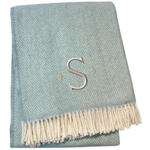 HomeRoots 55" X 70" Sky Blue And White Herringbone Cotton Blend S Initial Throw Blanket with Tassels And Embroidery - 1 of 4