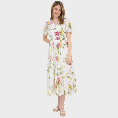 August Sky Women's Split Neck Smocked Tiered Floral Midi Dress