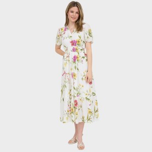 August Sky Women's Split Neck Smocked Tiered Floral Midi Dress - 1 of 4