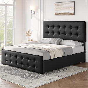 Full Size Bed Frame with 4 Storage Drawers and Headboard, Linen Upholstered Platform Bed Frame with Wooden Slats Support, Button Tufted Design - 1 of 4
