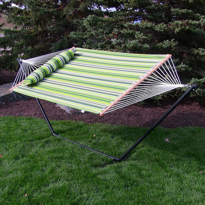Sunnydaze Outdoor 2-Person Double Polyester Quilted Hammock with Wood Spreader Bar and 12ft Black Steel Stand, 3 of 18