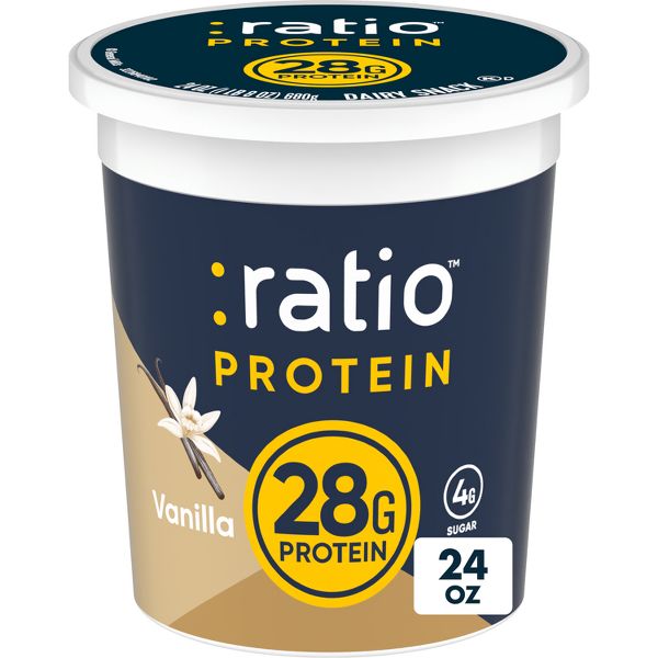 :ratio PROTEIN Vanilla yogurt 24oz, 25g protein per serving, 170 calories, 0g added sugar, sucralose sweetened