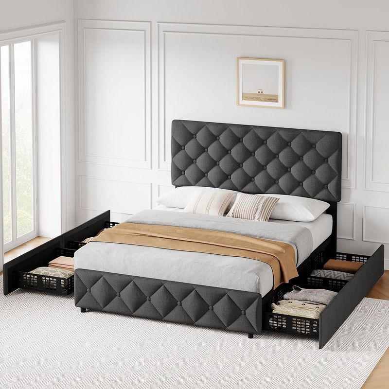 Whizmax Linen Upholstered Platform Bed Frame with 4 Storage Drawers and Headboard, Diamond Stitched Button Tufted, Gray, 4 of 8