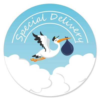 Big Dot of Happiness Boy Special Delivery - Blue It's A Boy Stork Baby Shower Circle Sticker Labels - 24 Count