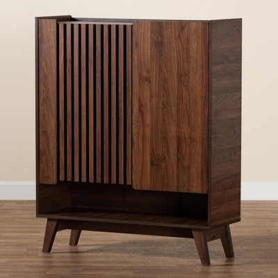 Paricia Mid-Century Modern Walnut Brown Wood Shoe Cabinet