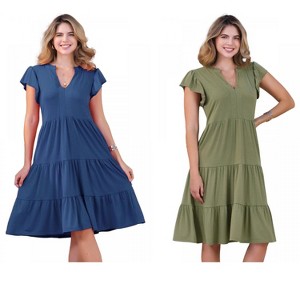 INSPIRE CHIC Women's Ruffle Short Sleeve V Neck Side Pockets Midi Dress 2 Packs - 1 of 4