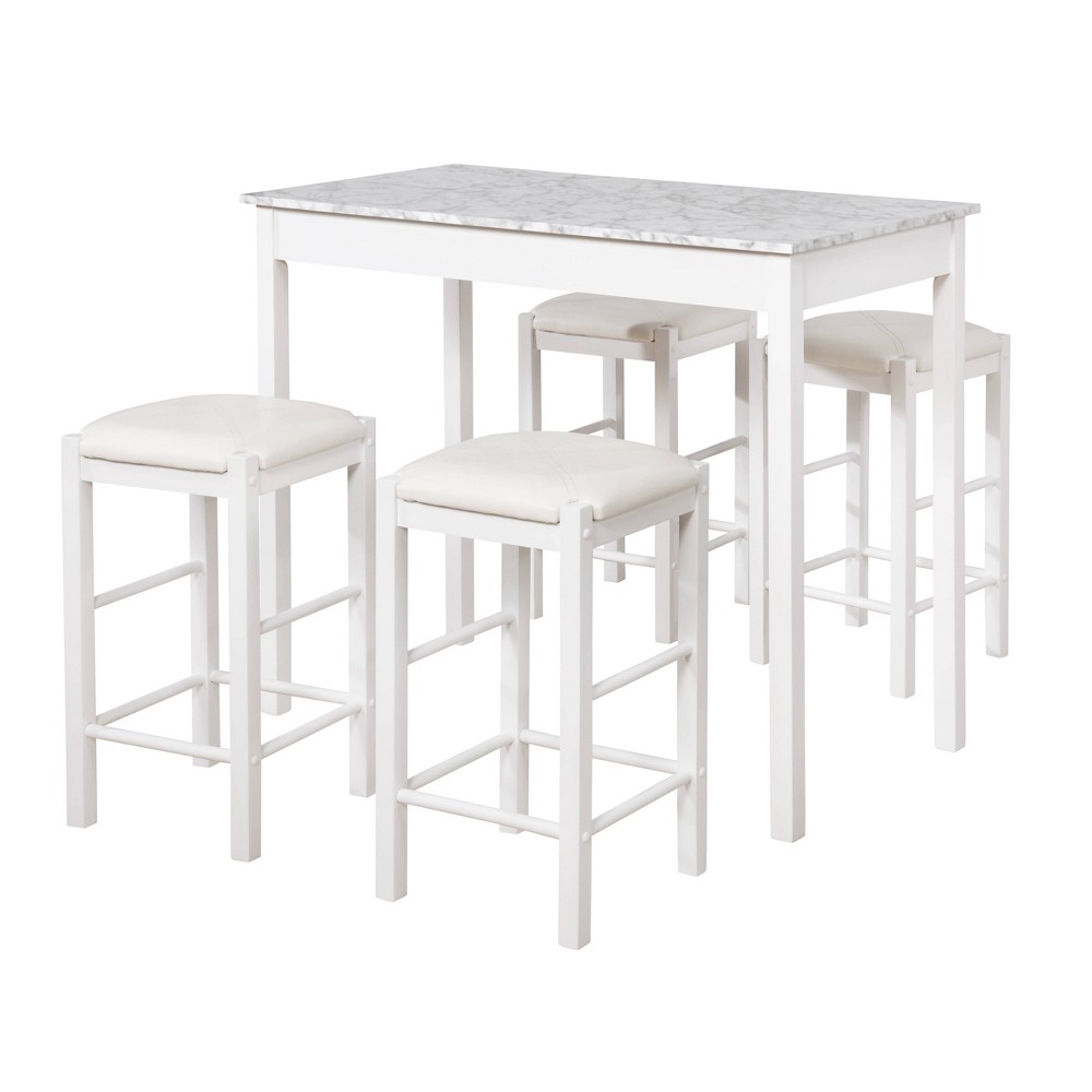 Linon 5pc Lancer Faux Leather Backless Stools Tavern Dining Set White: Rubberwood Frame, Polyester Upholstery