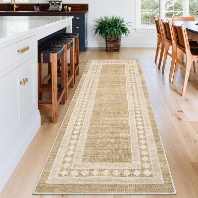 Solid Bordered Rug, Machine Washable Soft Geometric Throw Carpet, Non-Slip Low-Pile Indoor Floor Mat for Living Room, Bedroom, Office