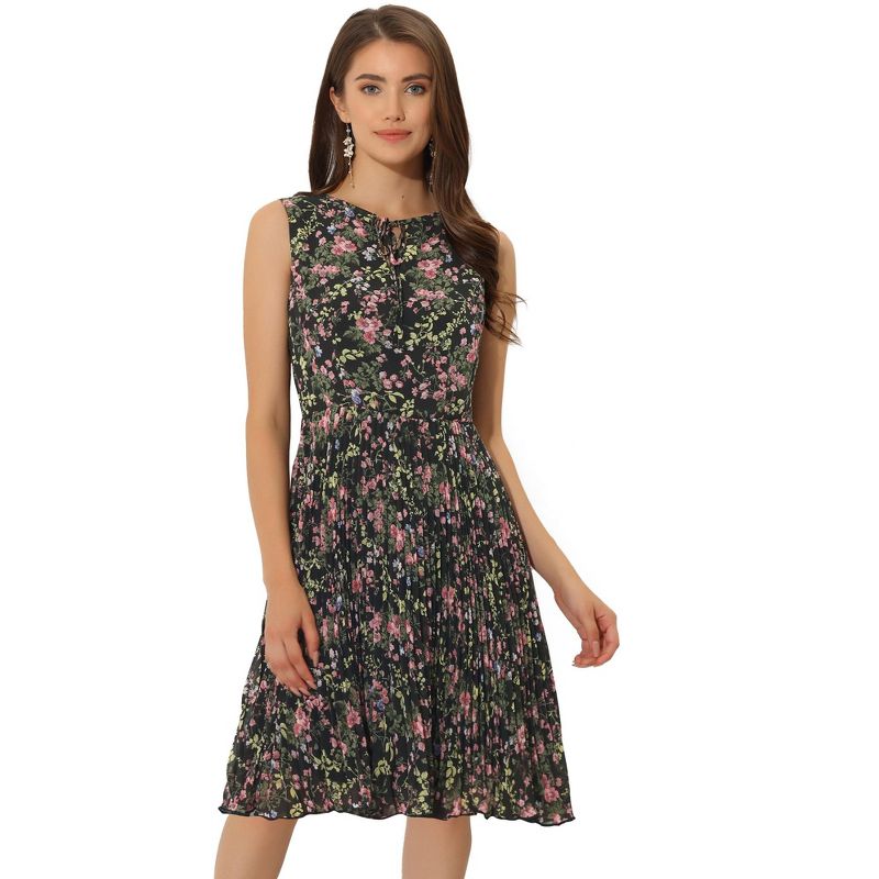 Allegra K Women's Floral Print Summer A-Line Knee Length Sleeveless Pleated Dress, 1 of 7