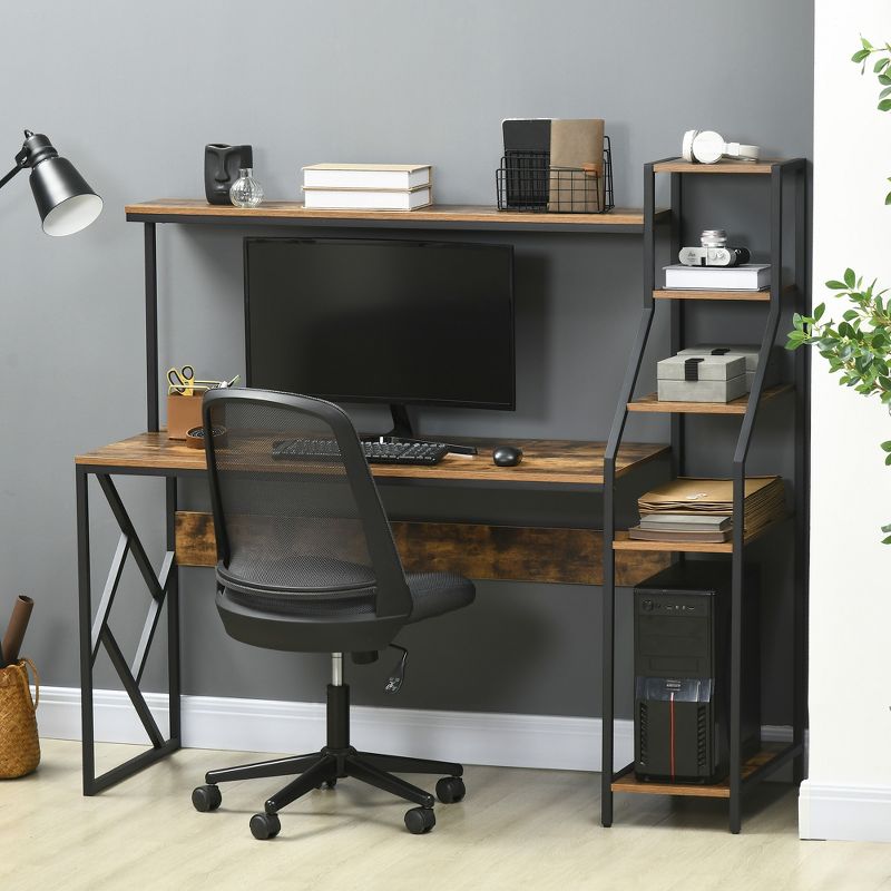 HOMCOM 59" Computer Desk with Storage Shelves, Study Writing Table for Home Office, Industrial Modern Workstation, Rustic Brown, 2 of 7