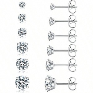6 Pairs Stud Earrings Set, Hypoallergenic Cubic Zirconia 316L Earrings Stainless Steel CZ Earrings 3 - 8mm Steel color - 1 of 4