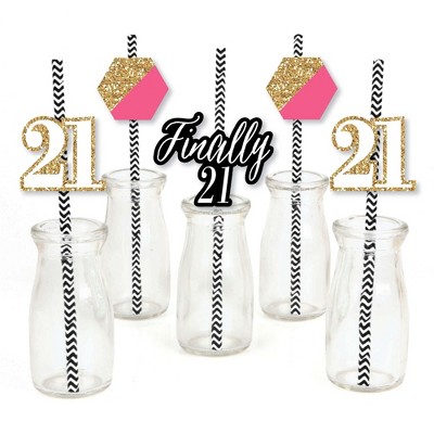 Big Dot of Happiness Finally 21 Girl Paper Straw Decor - 21st Birthday Party Striped Decorative Straws - Set of 24