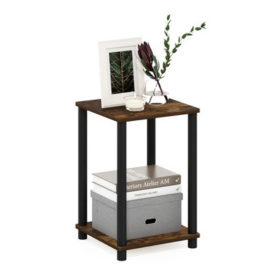 Compact Amber Pine & Black Square End Table with Shelf