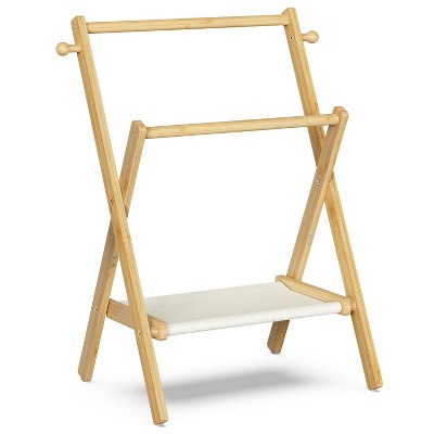 Bamboo baby clothes hanger with storage rack and double pole, lightweight, sturdy, sustainable and foldable, odorless