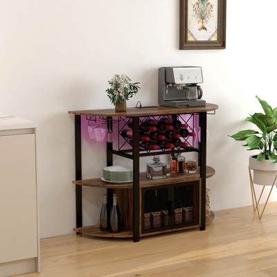 Rustic Brown Wine Bar Cabinet with LED Lights and Charging Station
