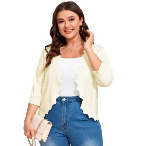 Womens 3/4 Sleeve Knit Cardigan Casual Scallop Hemline Open-Front Shrug Sweaters - 1 of 4
