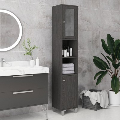 Gray Particleboard Tall Freestanding Bathroom Storage Cabinet with Mirror