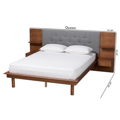 Gray and Walnut Queen Upholstered Wood Platform Storage Bed