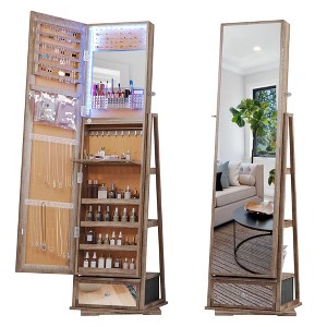 Fredees 360° Swivel LED Jewelry Cabinet, Lockable Wavy Mirror Organizer with Rear Shelves and Makeup Tray,White - 1 of 4