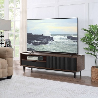 Duane Dark Brown and Black Ribbed TV Stand with Iron Legs
